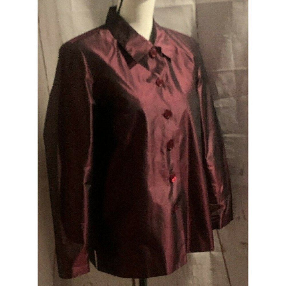Talbots Petites Womens Button Front Silk Jacket Size 6P Burgundy Long Sleeve